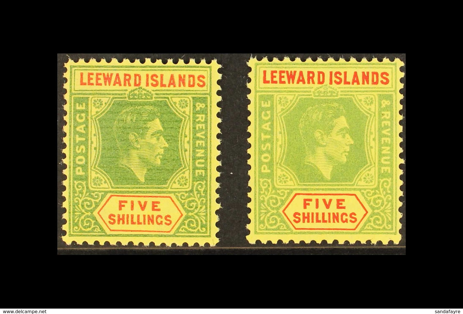 1938-51 5s Green & Red/yellow On Chalk Paper & Ordinary Paper, SG 112/112b, Never Hinged Mint (2 Stamps) For More Images - Leeward  Islands