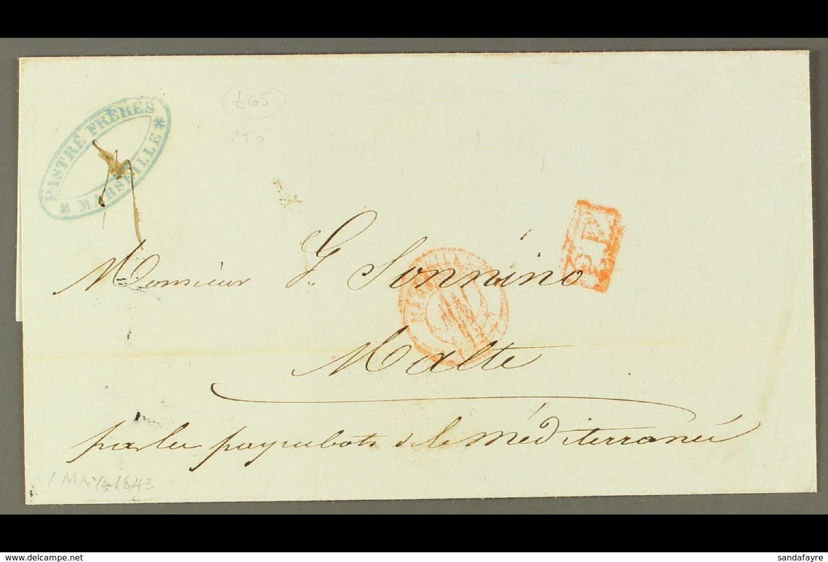 1847 Paid Wrapper From Marseilles To Malta Bearing Red Marseille Cds Plus Boxed 'P.P.'; On Reverse Straight-line "8 May  - Malte (...-1964)