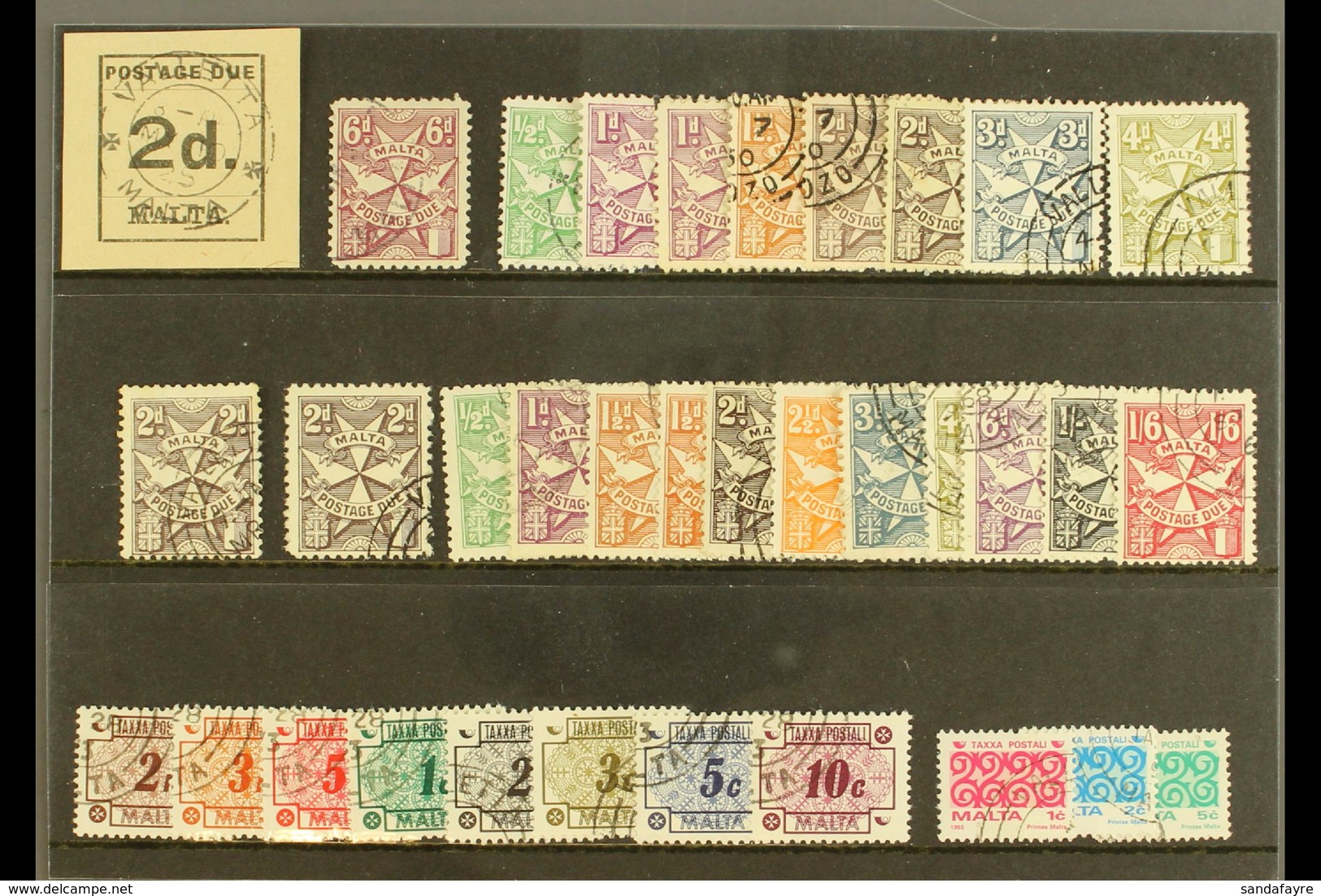 POSTAGE DUES 1925-93 USED COLLECTION Presented On A Stock Card. Includes 1925 Imperf 2d & Perf 6d, 1953-63 Set With List - Malte (...-1964)