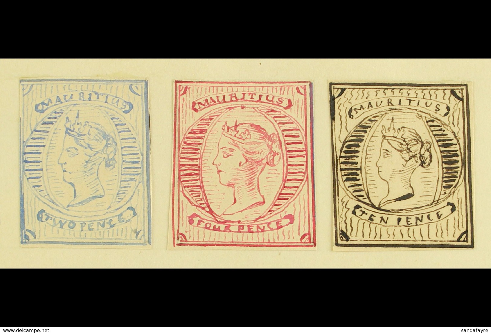1861 HAND PAINTED STAMPS Unique Miniature Artworks Created By A French "Timbrophile" In 1861. Three Stamps With Central  - Maurice (...-1967)