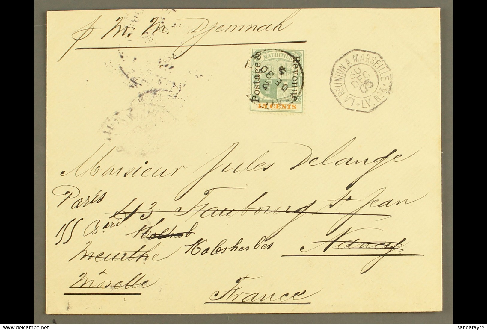 1905 (30 Dec) Env To France Bearing 1902 15c "Postage & Revenue" Opt'd Value (SG 159) Tied Mauritius Cds With French Mai - Maurice (...-1967)