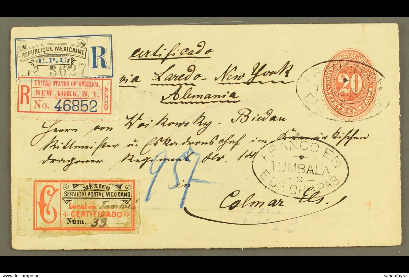 1894 (Dec) 20c Vermilion Numeral Ps Envelope, Registered & Addressed To Germany, Cancelled By "Franco En Tumbula / E. De - Mexique