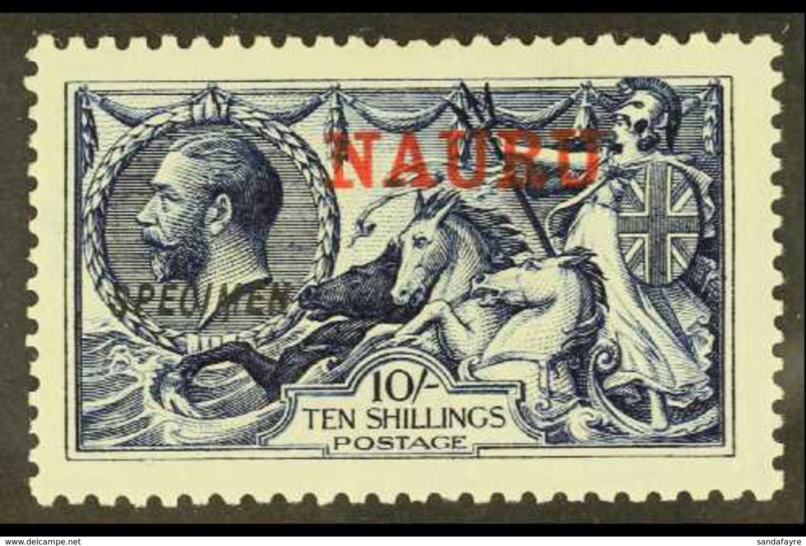 1916 10s Indigo- Blue Waterlow Seahorse With "SPECIMEN" Overprint, SG 18s, Never Hinged Mint. Few Exist In Never Hinged  - Nauru