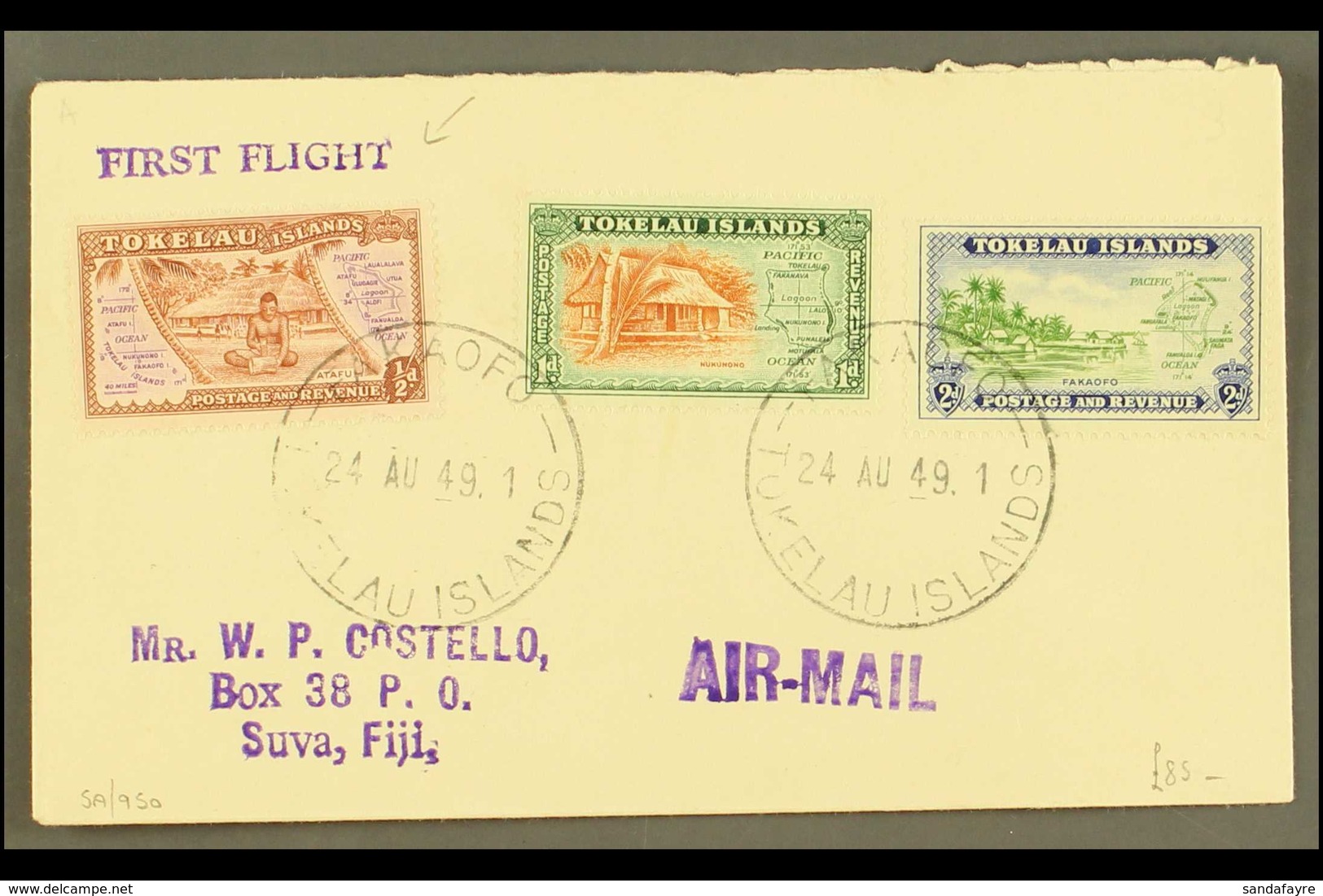 TOKELAU 1949 (Aug) Neat Envelope Bearing 1948 Pictorial Set, SG 1/3, Tied By Fakaofo Cds's, And Violet "First Flight", F - Sonstige & Ohne Zuordnung