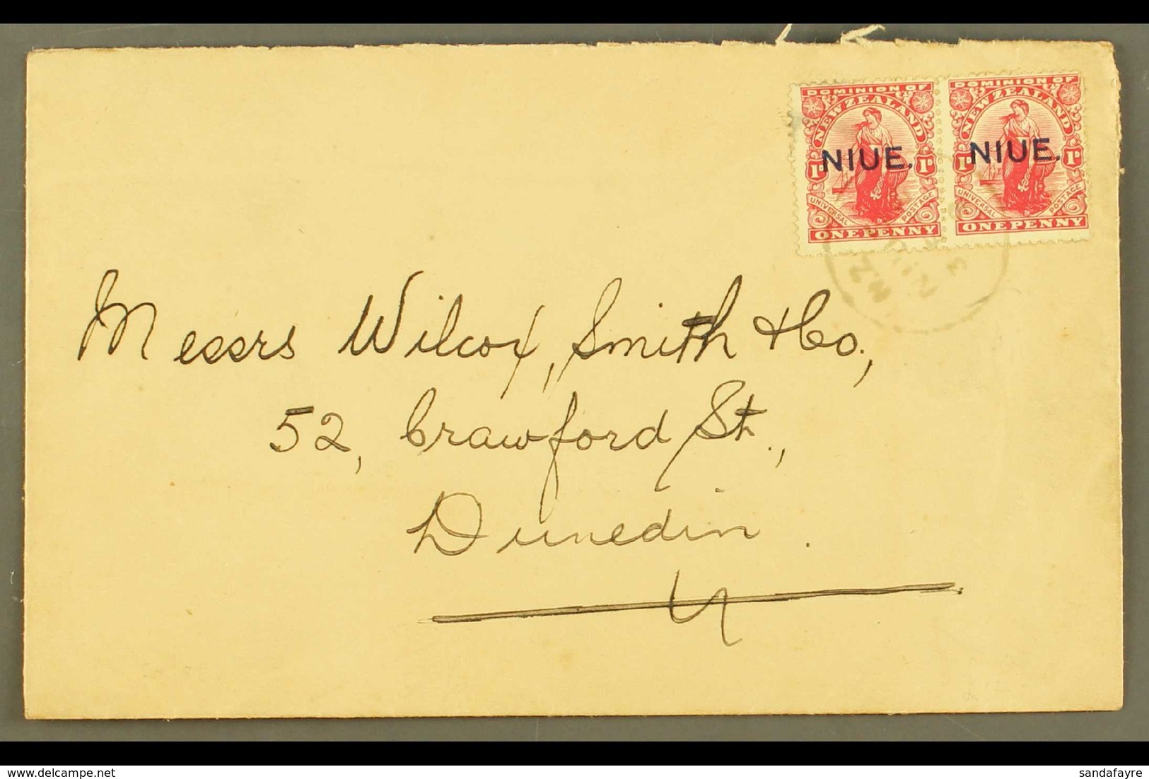 1921 (Feb) Neat Envelope To New Zealand, Bearing 1d Carmine Pair, SG 24, Tied Niue Cds. For More Images, Please Visit Ht - Niue