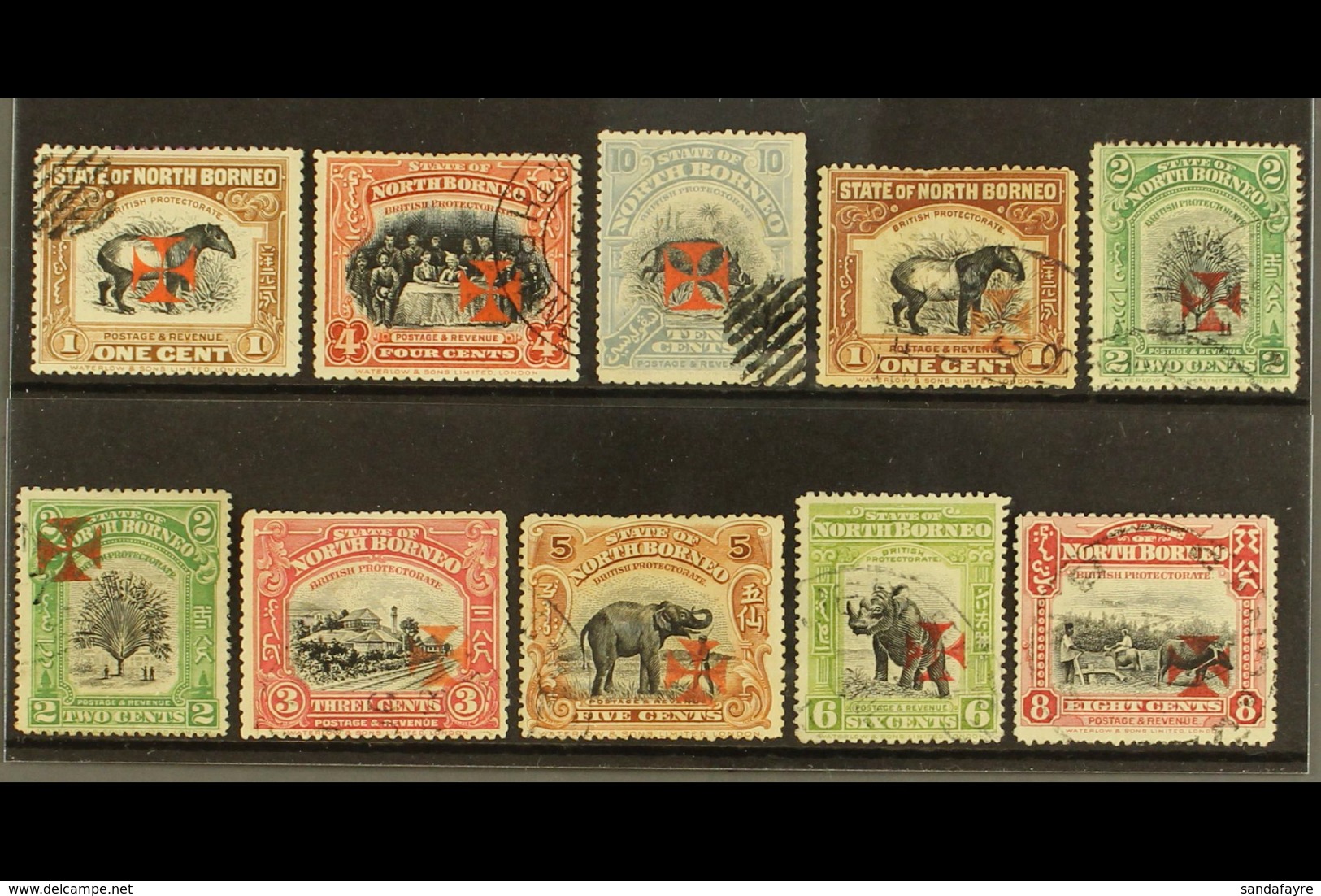 1916 (May) Selection Of Used Values With The Cross Overprints Includes Vermilion (thick Shiny Ink) Opt'd 1c, 4c & 10c; C - Bornéo Du Nord (...-1963)