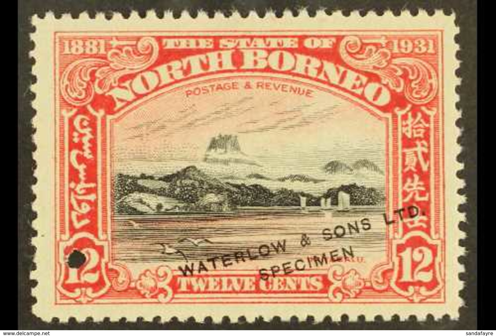 1931 12c Mountain BNBC Anniversary SAMPLE COLOUR TRIAL In Black And Scarlet (issued In Black And Ultramarine), Unused Wi - Bornéo Du Nord (...-1963)