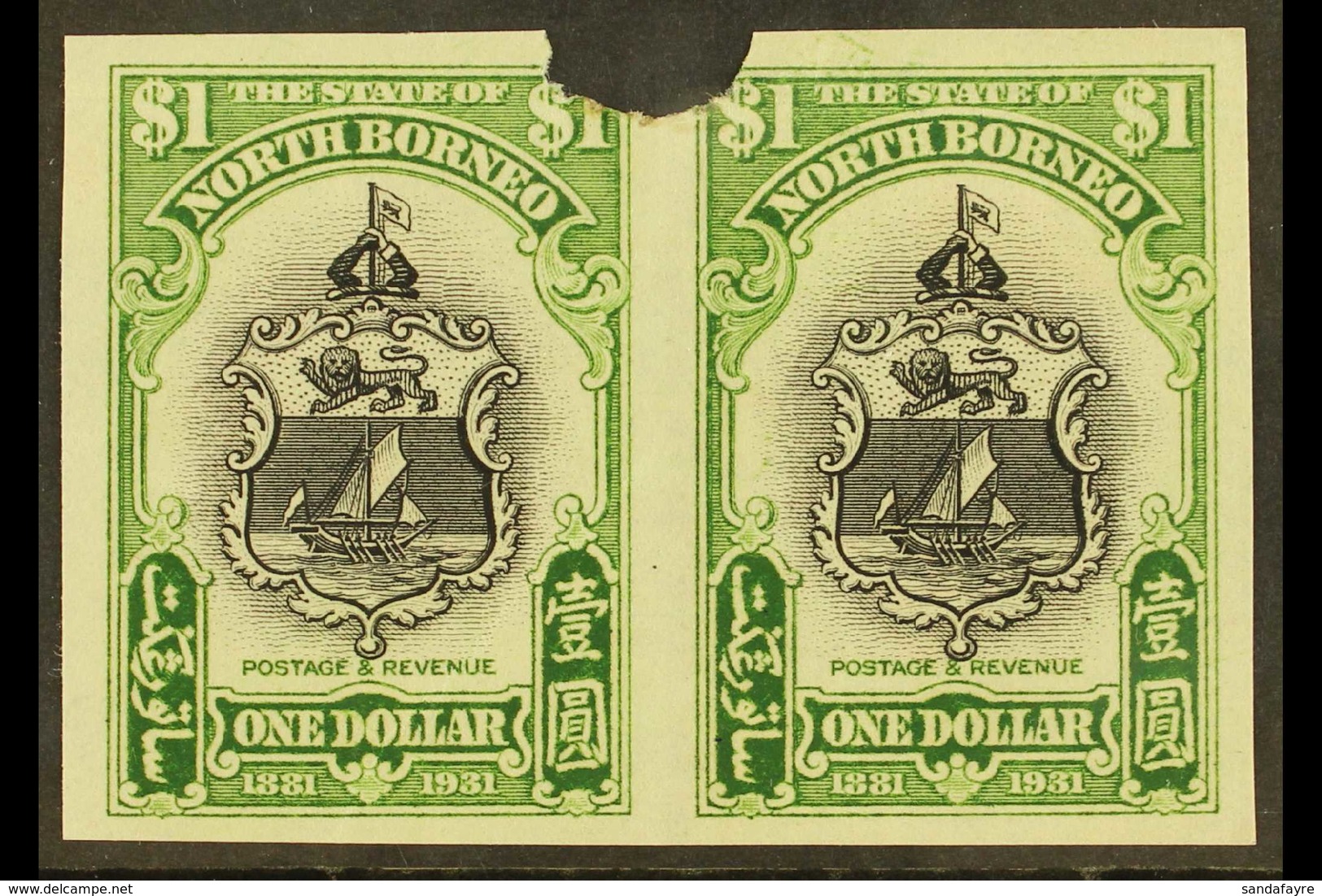 1931 IMPERF PLATE PROOFS. 1931 $1 Black & Yellow-green 'Badge Of The Company' (SG 300) Horizontal IMPERF PLATE PROOF PAI - Bornéo Du Nord (...-1963)