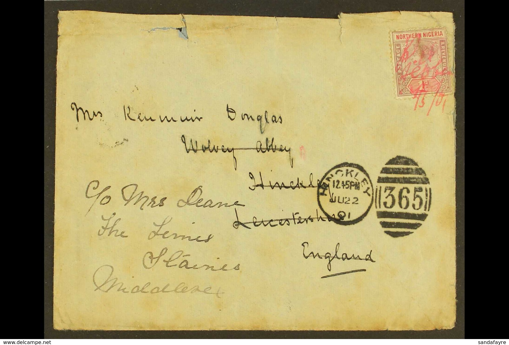 1901 (4 May) Cover To England Bearing QV 1d Tied By Red Manuscript "P.O. Jebba 4/5/01" Cancel. Faults, But A Scarce Item - Nigeria (...-1960)