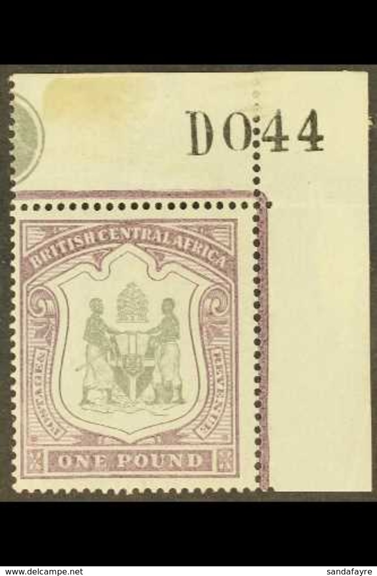 1897 £1 Black And Dull Purple Arms, SG 51, A Magnificent Upper Right Corner Example With "D044" In Margin, Very Fine Min - Nyassaland (1907-1953)