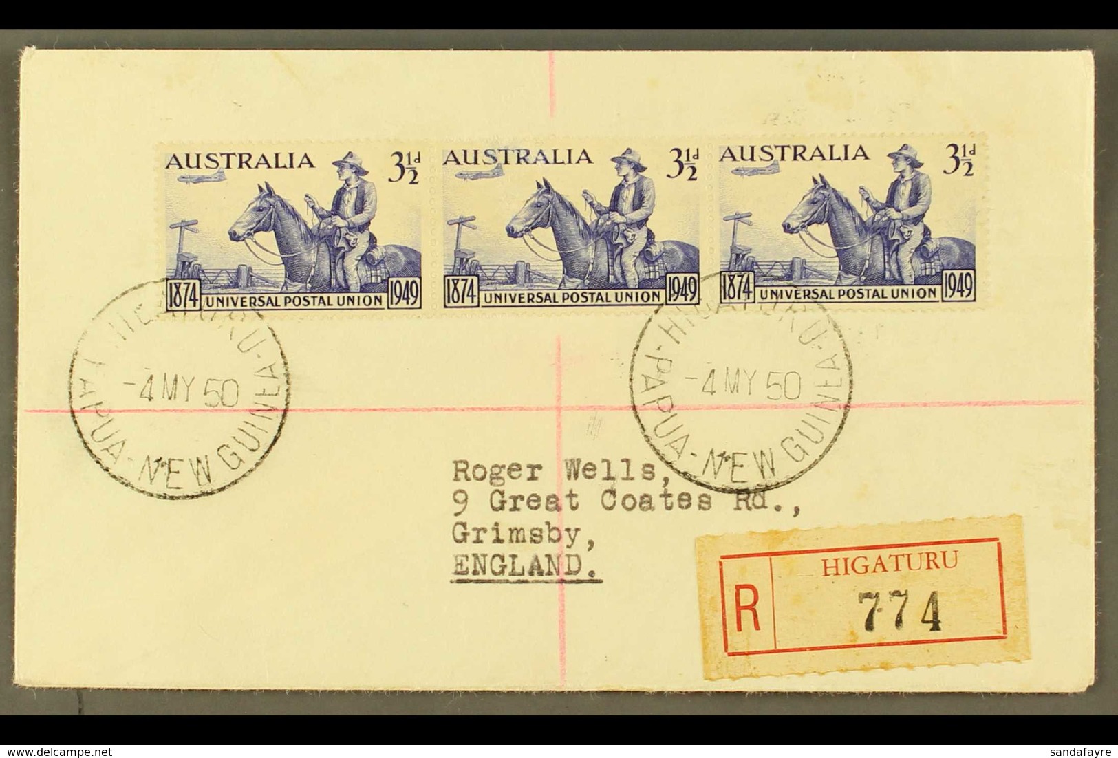 1950 (May) Neat "Roger Wells" Envelope Registered To England, Bearing Australia UPU 3½d X3 Tied HIGATURU Cds's, Less Tha - Papouasie-Nouvelle-Guinée