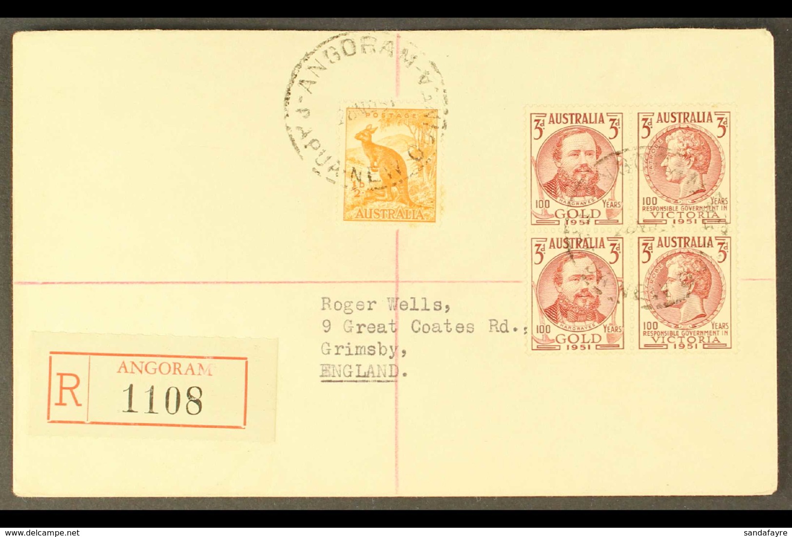 1951 (Nov) Cover To England Bearing Australia ½d Roo And 3d Centenary Block Of Four Tied By ANGORAM Cds's, Alongside Ang - Papua-Neuguinea