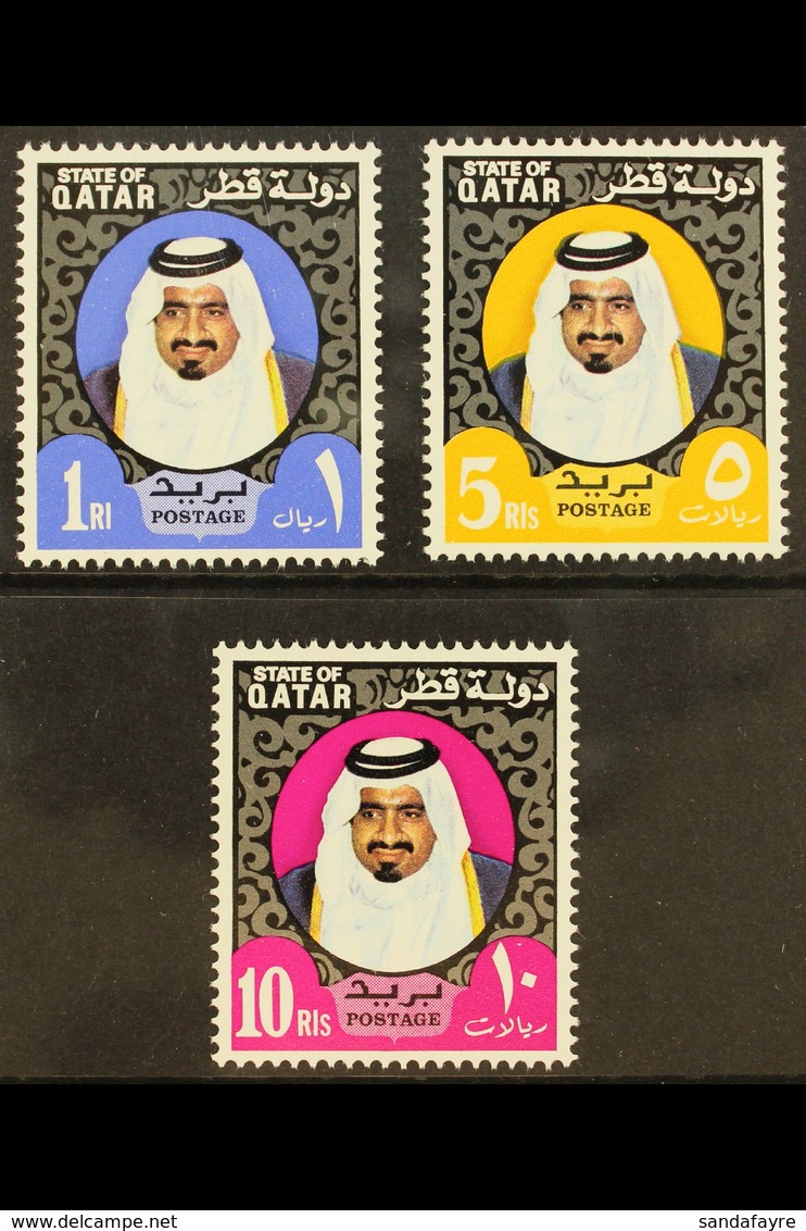 1973-74 1r, 5r, And 10r Shaikh Khalifa Definitive Top Values (larger Size), SG 452/454, Never Hinged Mint. (3 Stamps) Fo - Qatar