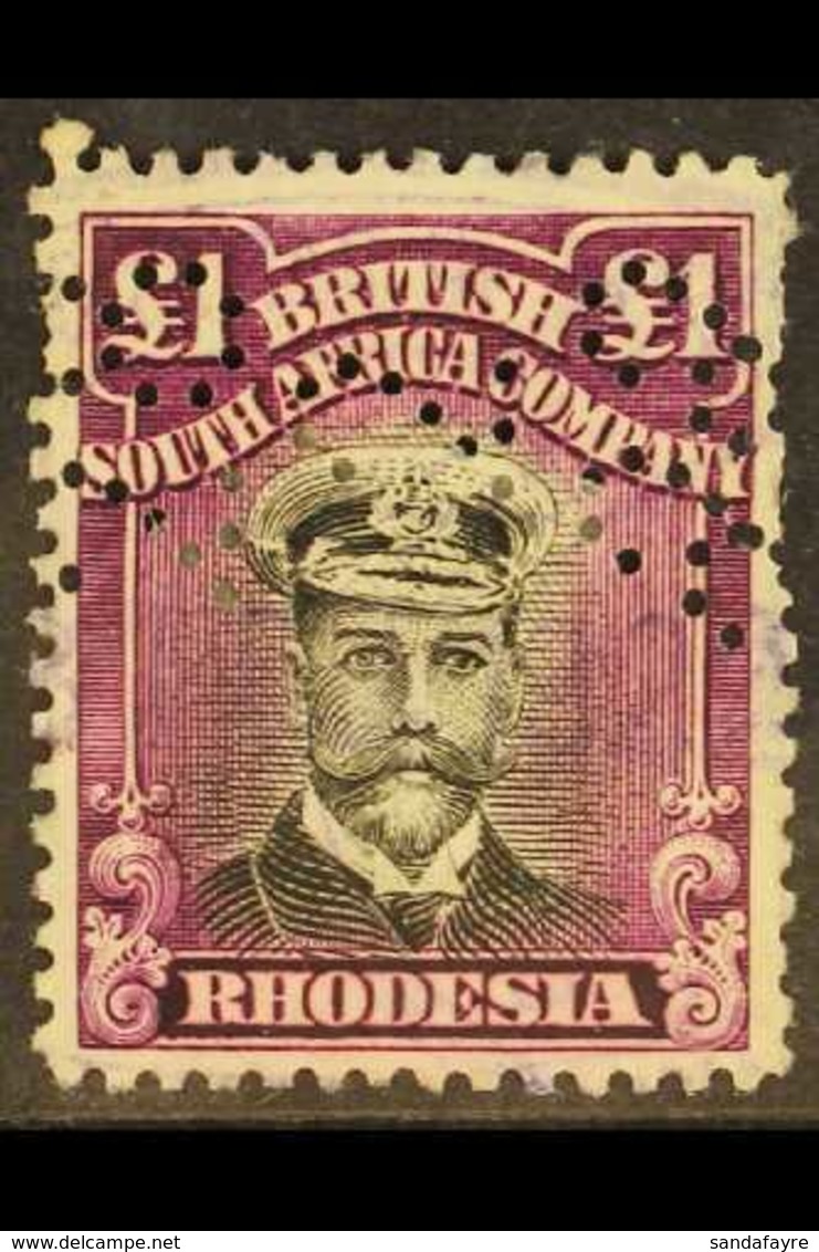 1913-19 £1 Black & Deep Purple, Die III, Perf.14, SG 279, Fiscally Used With Perfin. For More Images, Please Visit Http: - Autres & Non Classés