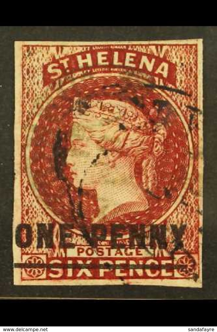 1863 1d On 6d Lake (Type B), CC Wmk Imperf, SG 4 With Four Clear Margins & Light Cancel. Lovely (1 Stamp) For More Image - St. Helena