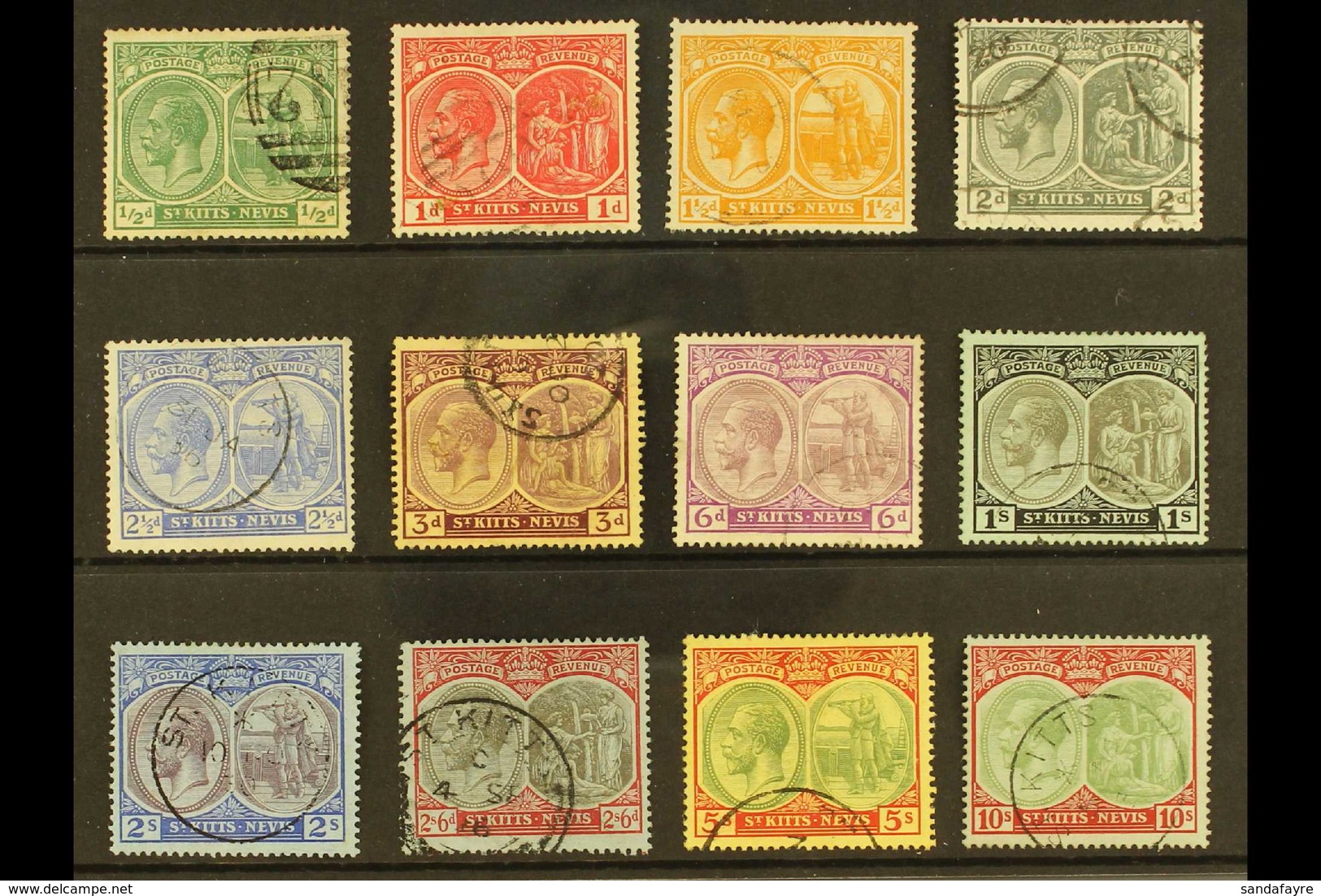 1920-22 Watermark Multi Crown CA Definitive Set Complete To 10s, SG 24/35, Fine Used, The 10s Is Very Fine. (12 Stamps)  - St.Kitts-et-Nevis ( 1983-...)