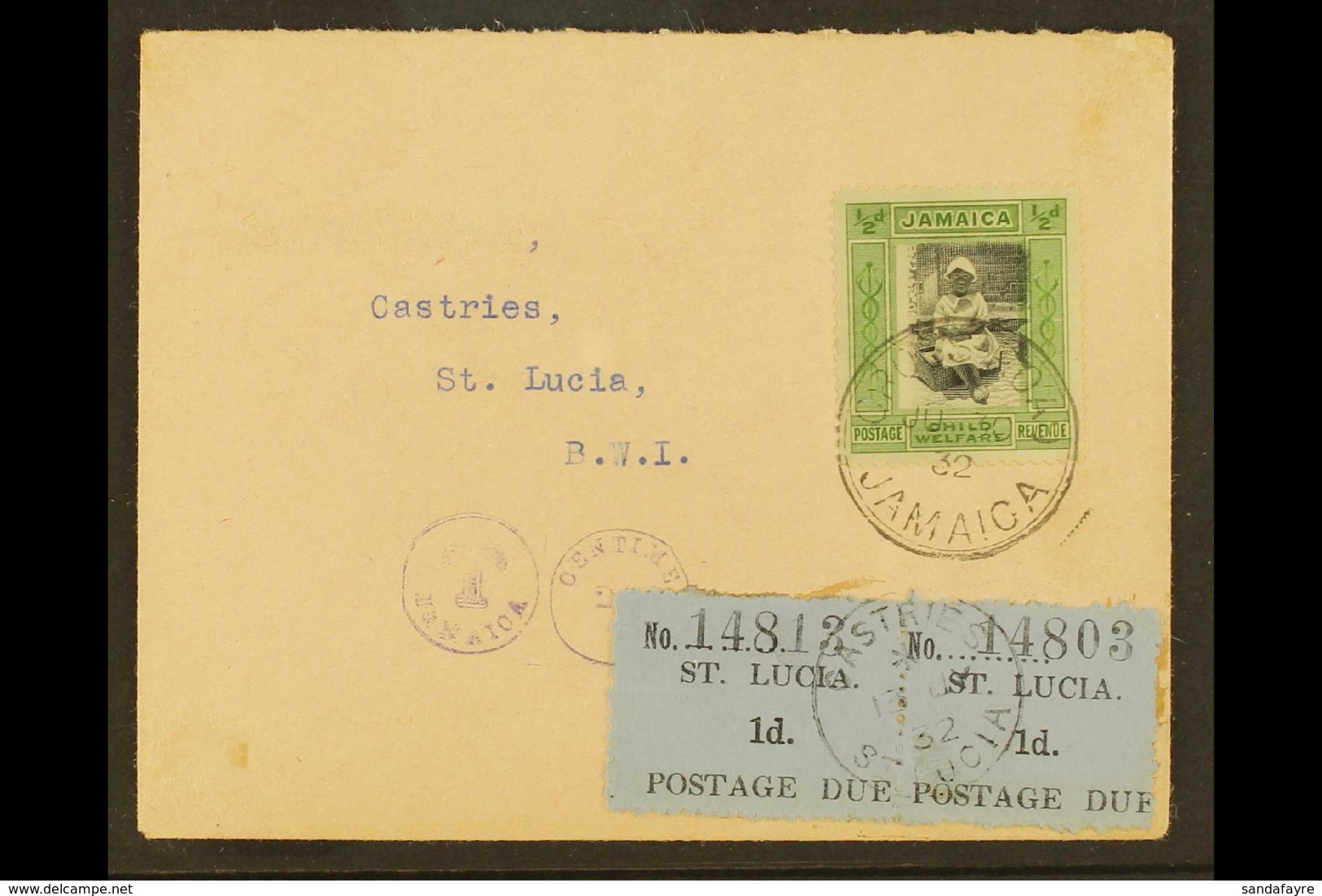 1932 POSTAGE DUE COVER 1930 (30 June) Cover From Jamaica To Castries Bearing 1923 ½d + ½d Child Welfare Tied By Cross Ro - Ste Lucie (...-1978)