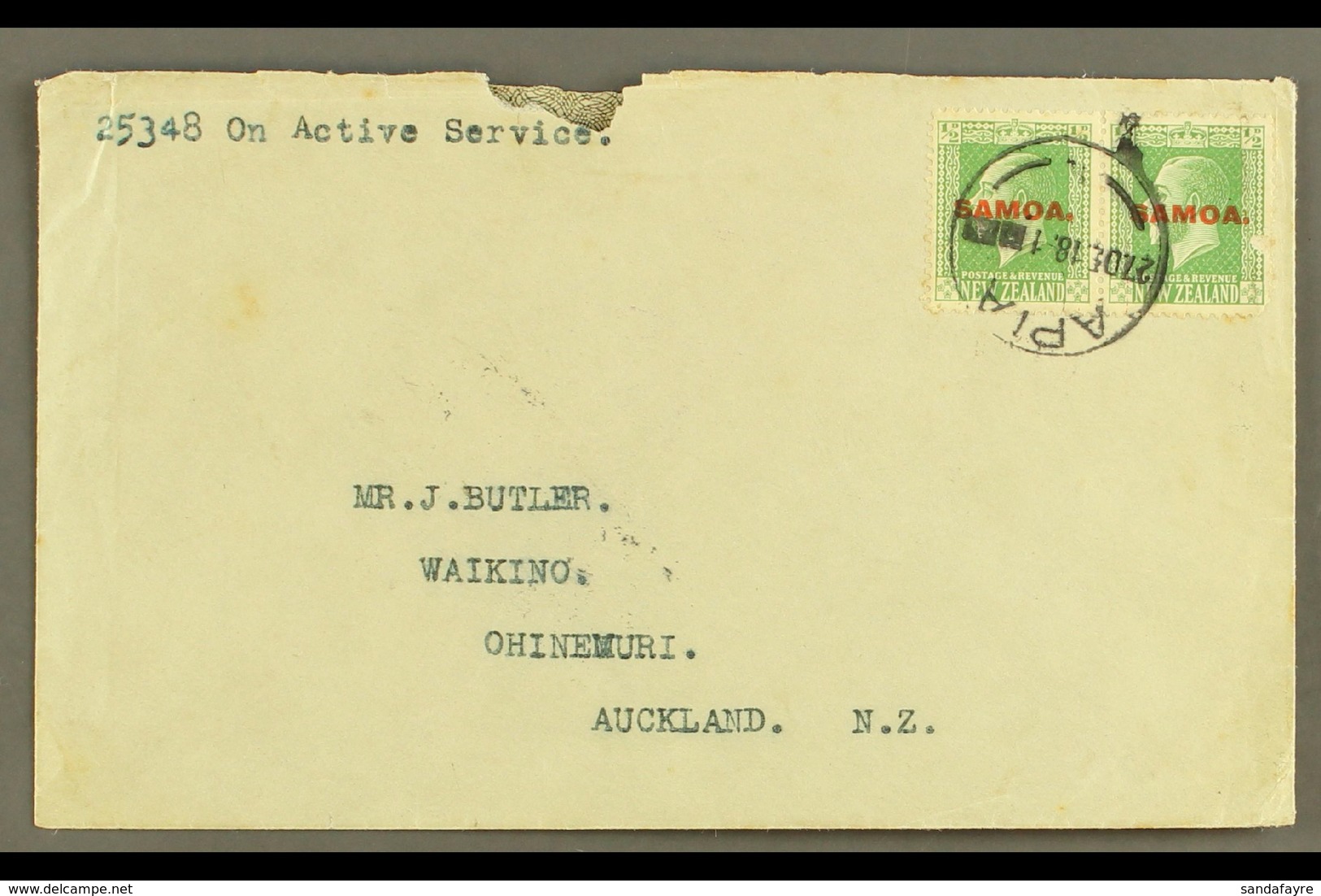 1918 (27 Dec) Envelope To New Zealand Bearing KGV ½d Pair; Endorsed "25348 On Active Service". For More Images, Please V - Samoa (Staat)