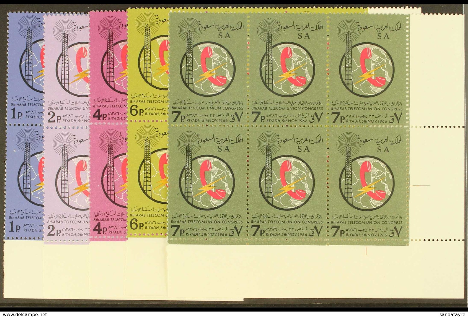 1966 8th Arab Telecoms Conf Set, SG 655/9, In Superb Never Hinged Mint Corner Blocks Of 6. (5 Blocks) For More Images, P - Saoedi-Arabië