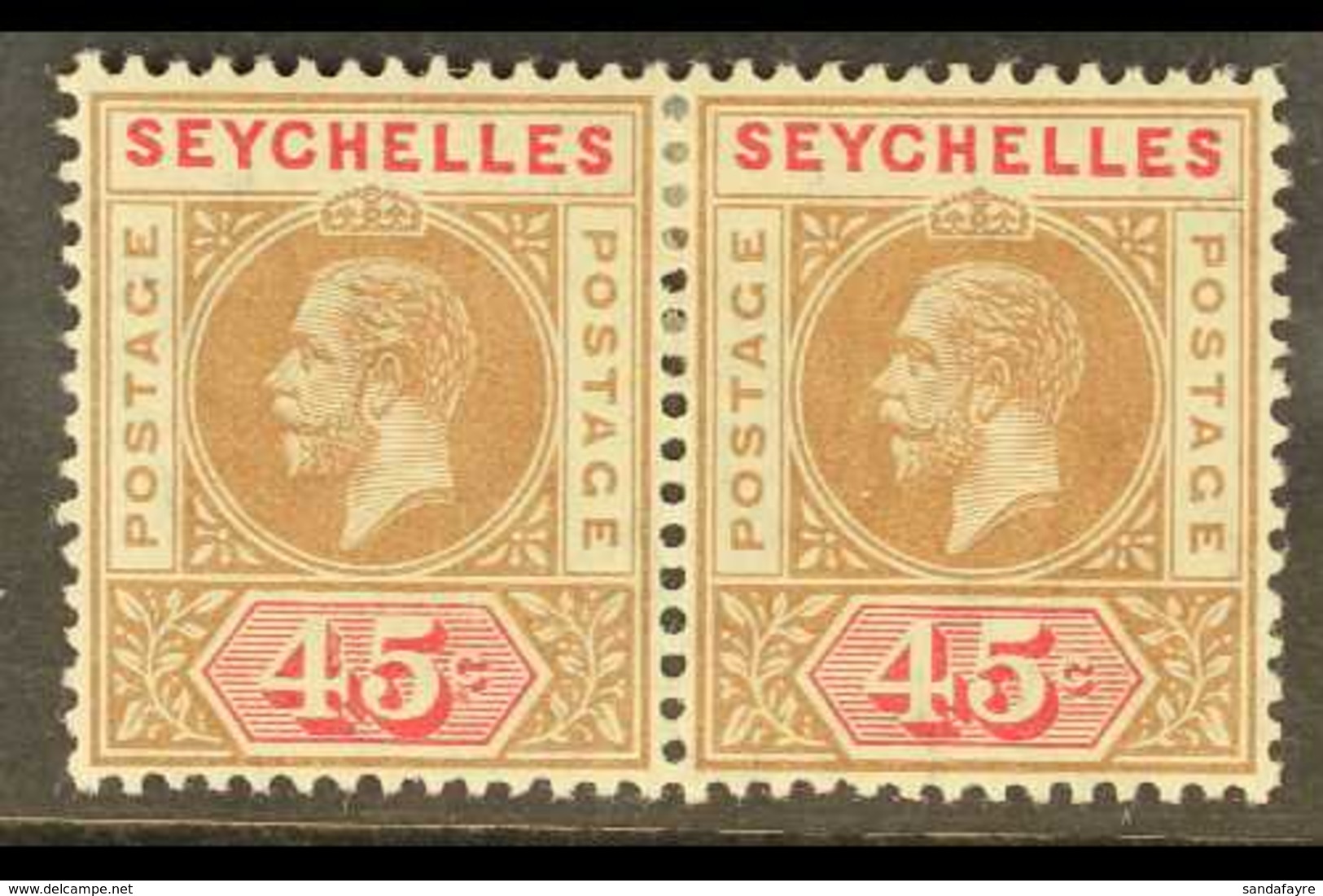 1912 45c Brown And Carmine, Horizontal Pair, One With Variety SPLIT "A", SG 78a, Very Fine Mint. For More Images, Please - Seychellen (...-1976)