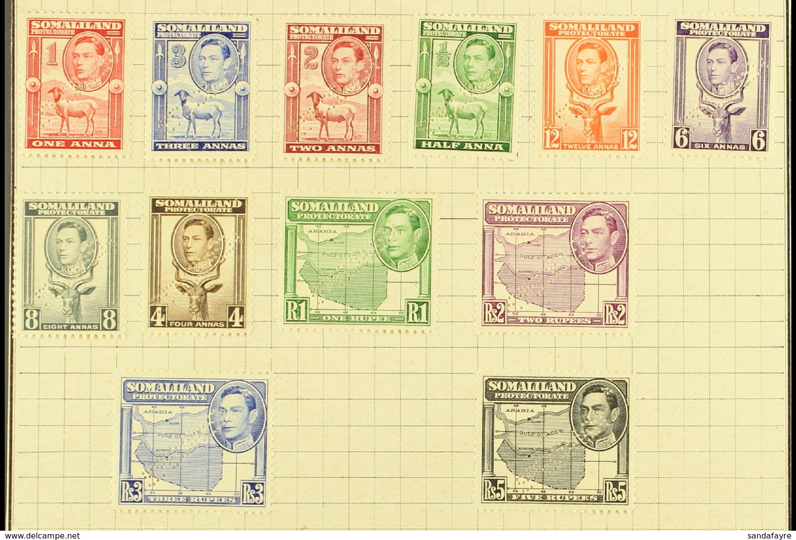 1938 Geo VI Set Complete, Perforated "Specimen",, SG 93s/104s, Very Fine Mint But Affixed To UPU Page. (12 Stamps)  For  - Somaliland (Protectorat ...-1959)