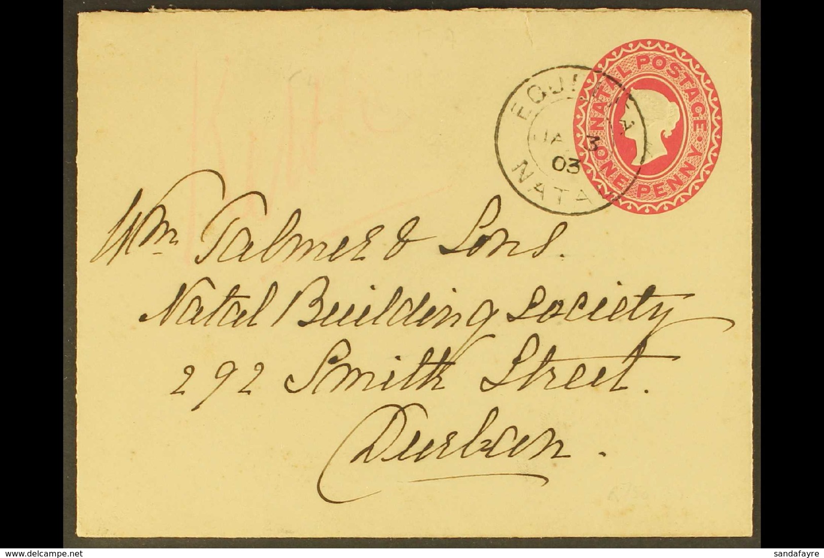 NATAL 1903 (Jan 3rd) 1d Postal Stationery Envelope To Durban Bearing A Seldom Seen "EQUEEFA" Cds, Umzinto Transit Mark & - Non Classés