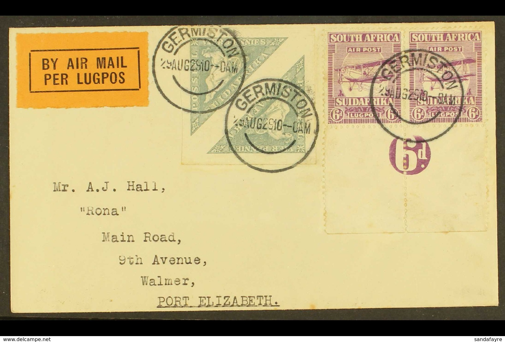 1929 (29 Aug) Airmailed Cover To Port Elizabeth, Franked With 1926 4d Triangle Pair & 1925 6d Airmail Numeral Margin Pai - Non Classés