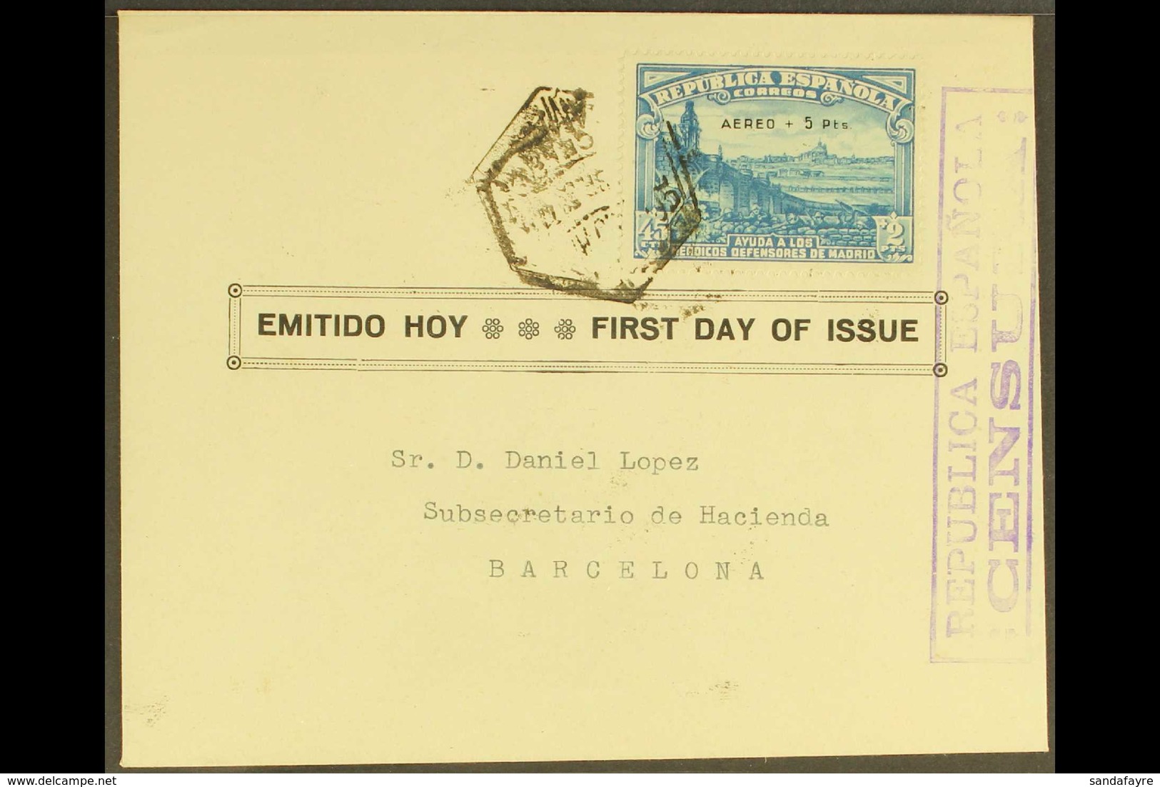 1938 45c + 2p + 5p Blue Defence Of Madrid Relief Fund , SG 759, Superb Used On Censored Sep 1938 (non FDC) Cover. For Mo - Andere & Zonder Classificatie