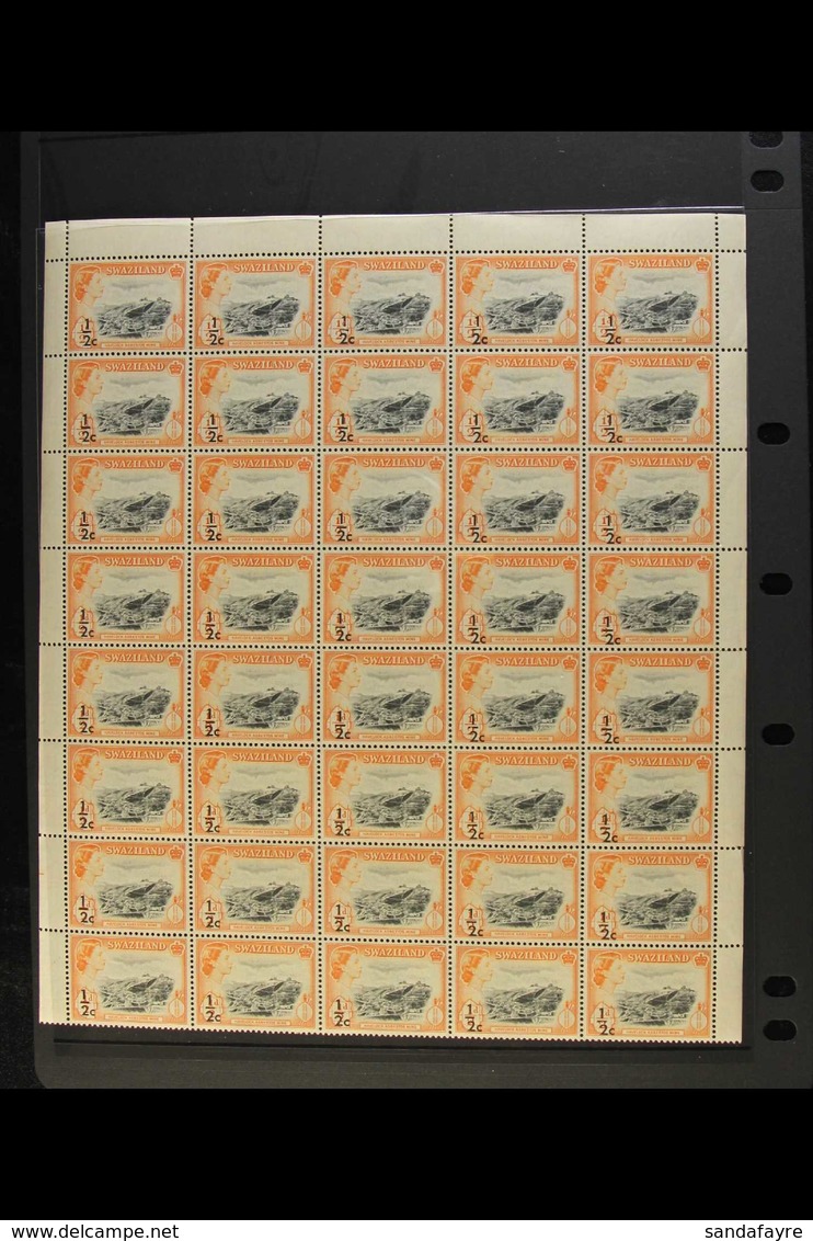 1961 ½c On ½d Black & Orange Surcharge, SG 65, Superb Never Hinged Mint BLOCK Of 40 With Margins To Three Sides (top Eig - Swasiland (...-1967)