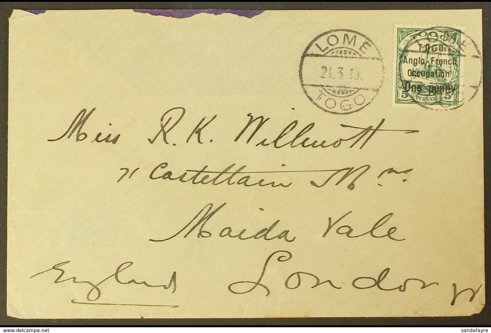 ANGLO-FRENCH OCCUPATION 1915 (21 March) Cover Addressed To London, Bearing 1914 1d On 5pf Green Surcharge Narrow Setting - Sonstige & Ohne Zuordnung