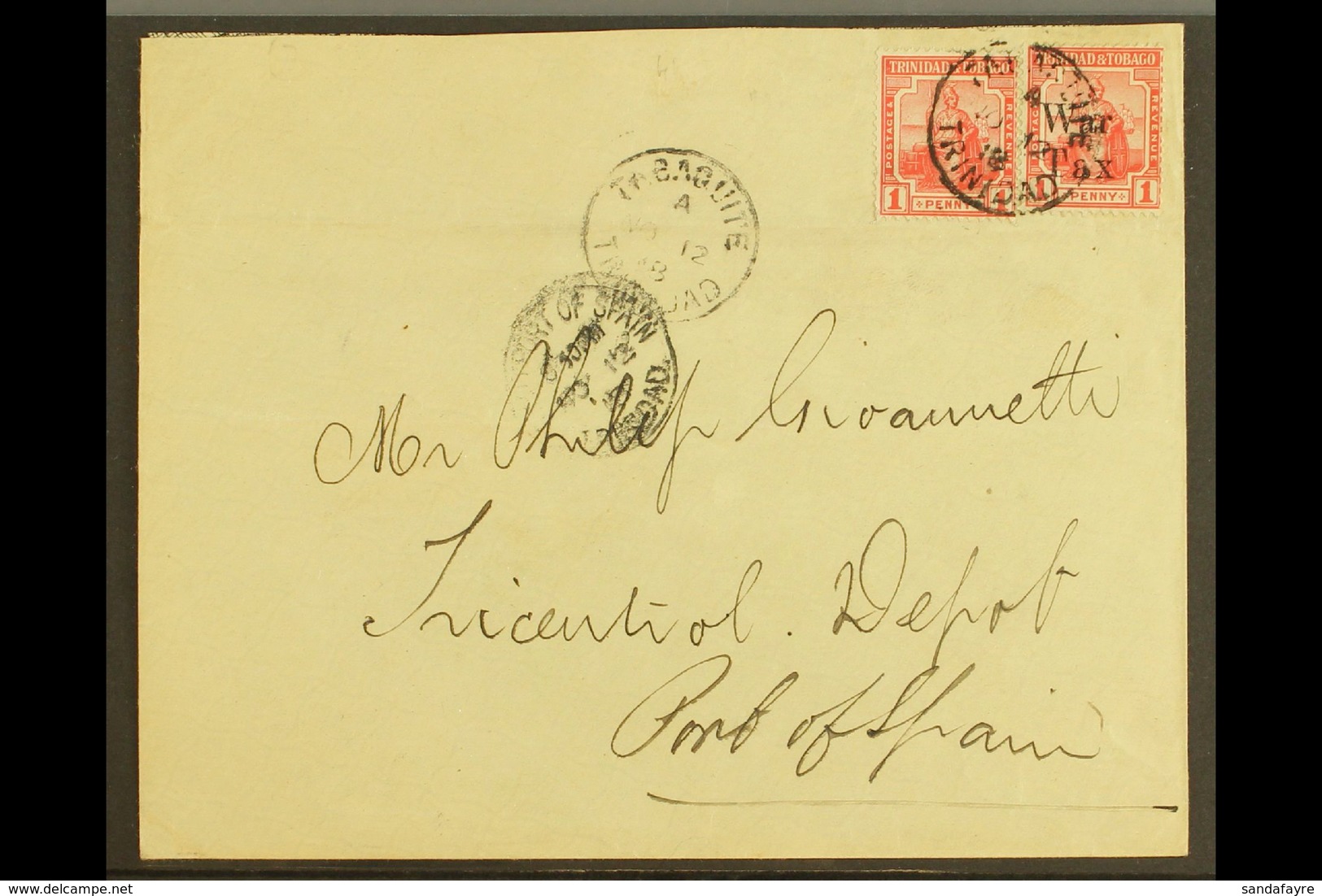 1918 (12 Nov) Cover To Port Of Spain, Bearing 1913-23 1d (SG 150) & 1918 1d "War Tax" Opt (SG 189) Tied By "Tabaquite" C - Trinité & Tobago (...-1961)
