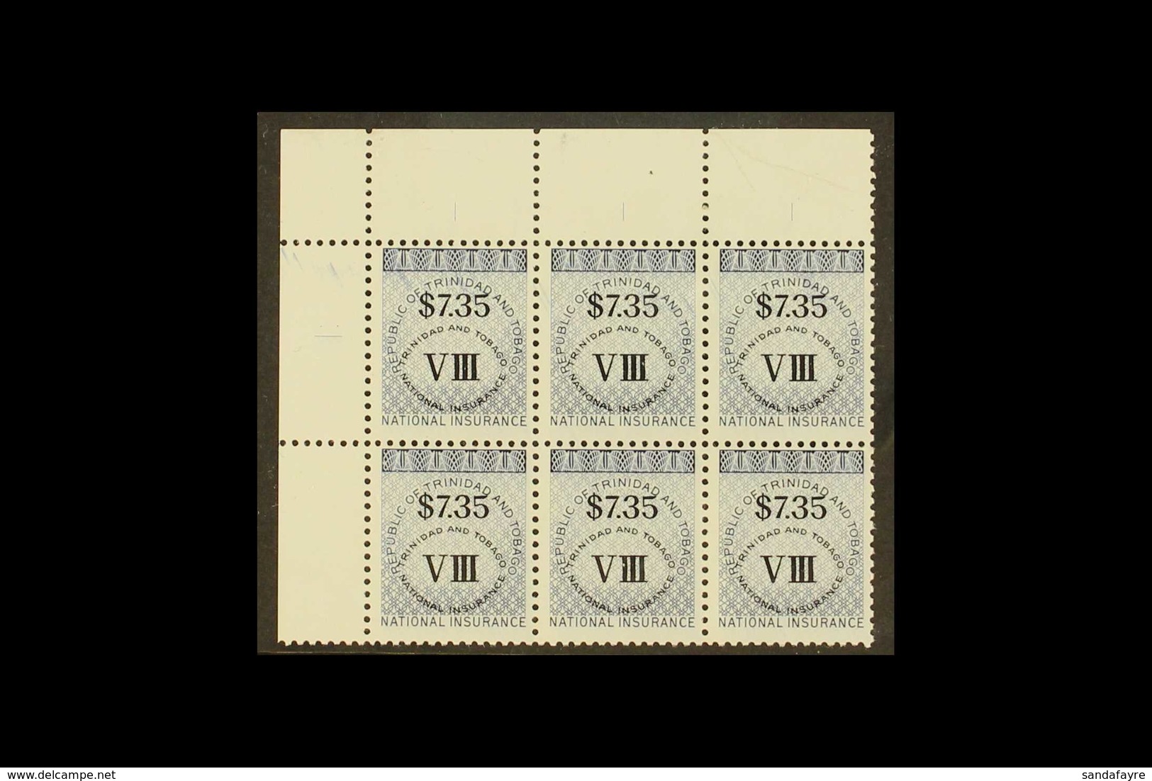 REVENUES NATIONAL INSURANCE 1990 $7.35 Dark Blue, Class VIII, Corner Marginal Block Of 6, Barefoot 14, Never Hinged Mint - Trinité & Tobago (...-1961)
