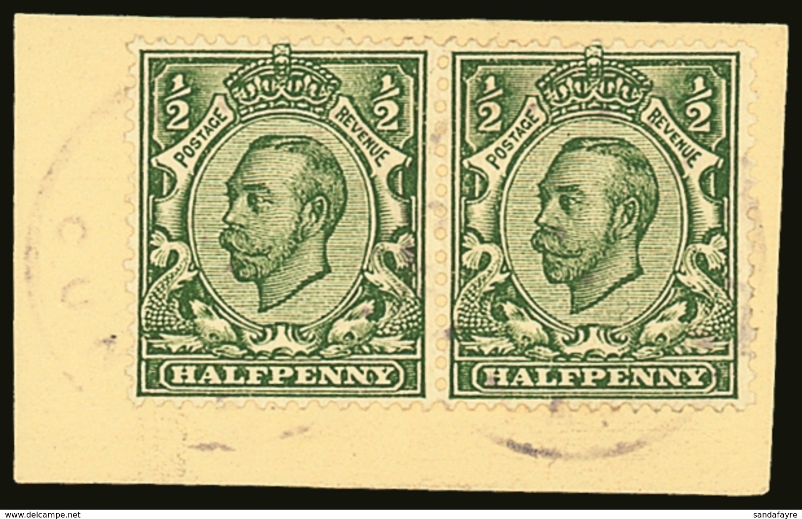 1908 GB USED ON TRISTAN ½d Pair, Tied To Good Sized Piece By The 1908 Type I Cachet,  SG C1, Rather Faint But Still Very - Tristan Da Cunha