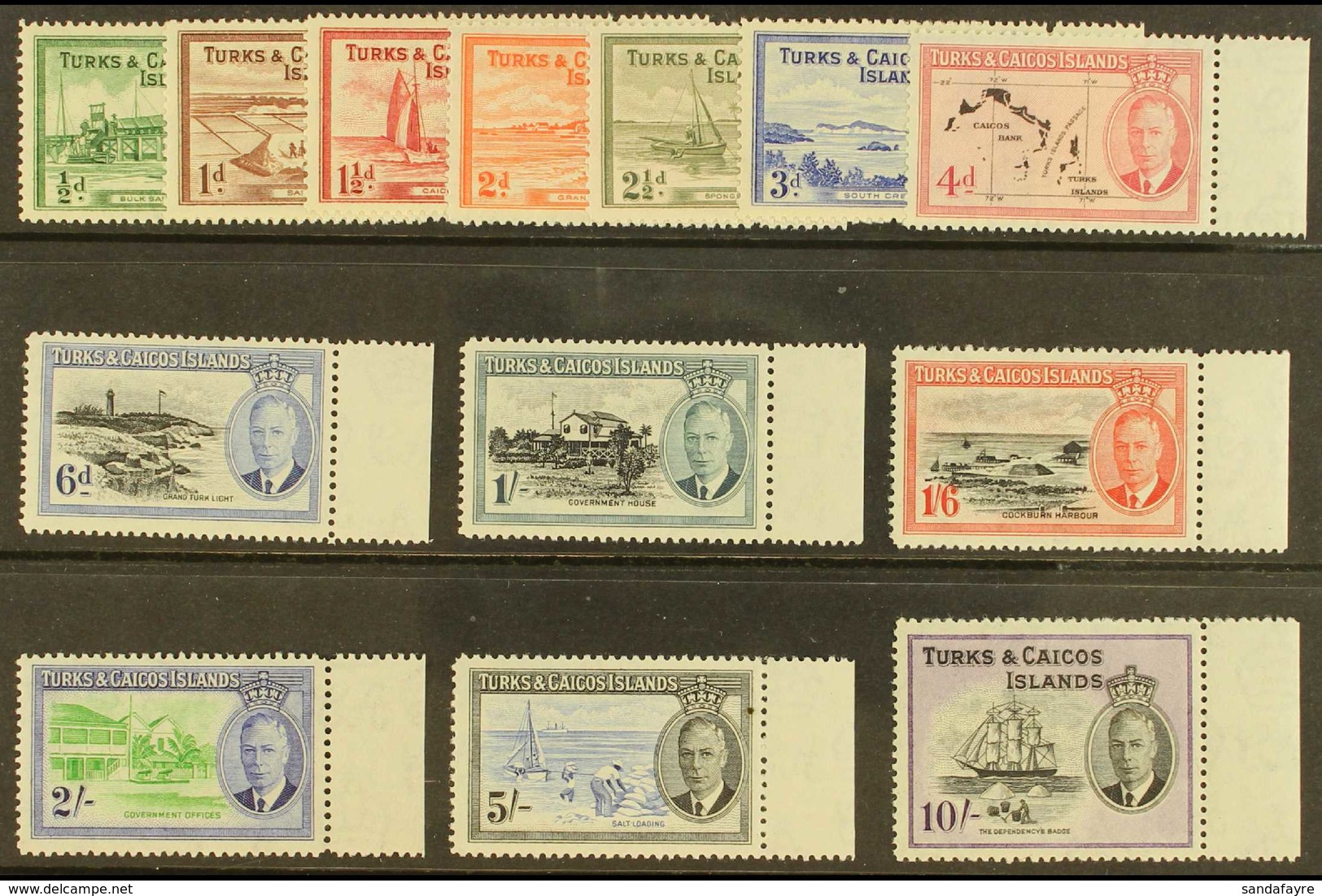 1950 KGVI Definitives Complete Set, SG 221/33, Very Fine Never Hinged Mint Marginal Examples. (13 Stamps) For More Image - Turks & Caicos (I. Turques Et Caïques)