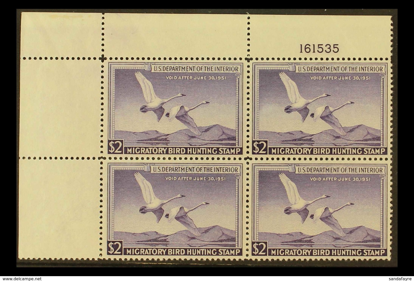 REVENUE - "DUCK" STAMPS 1950 $2 Violet, Scott RW17, Very Fine NEVER HINGED MINT CORNER BLOCK OF FOUR With Plate Number.  - Andere & Zonder Classificatie