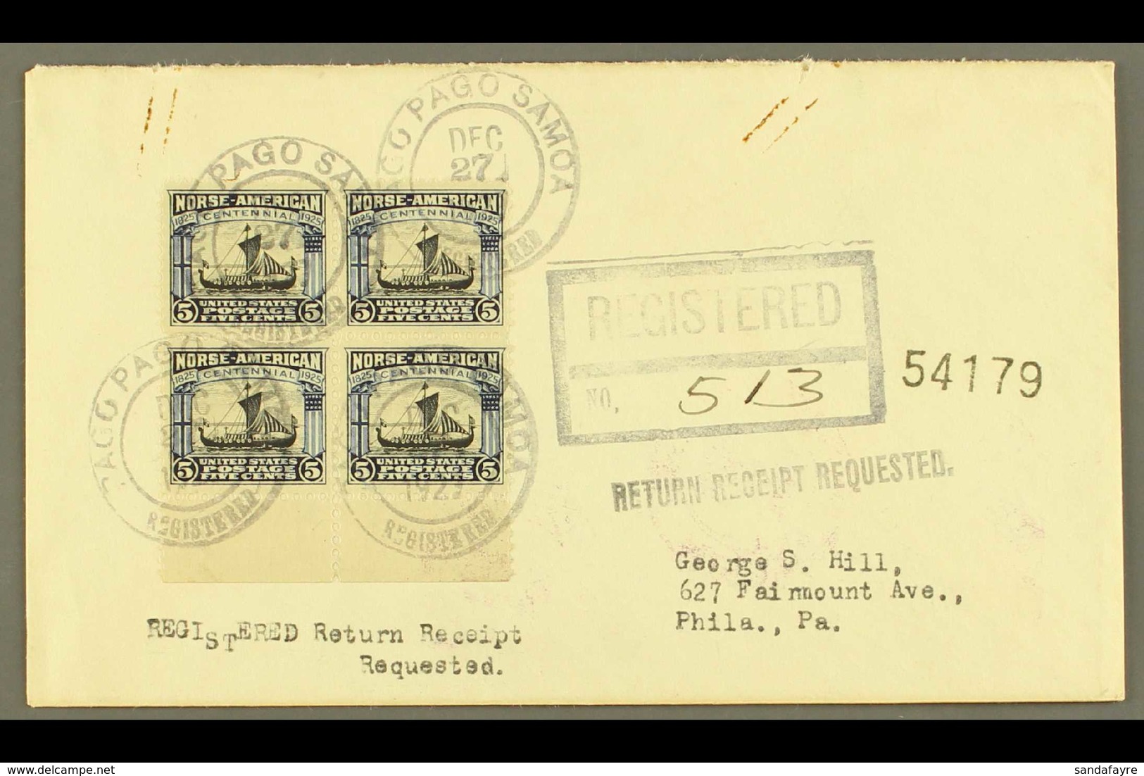 AMERICAN SAMOA 1927 (Dec 27) Registered Cover Franked With 5c Norse-American In A Lower Marginal BLOCK OF FOUR, Various  - Autres & Non Classés