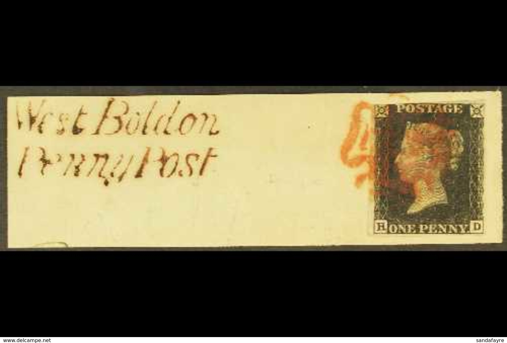 1840 1d Black, SG 2, Plate 6, 3 Margins, Check Letters "H - D", Tied To A Small Piece By Red Maltese Cross Cancel, Piece - Unclassified