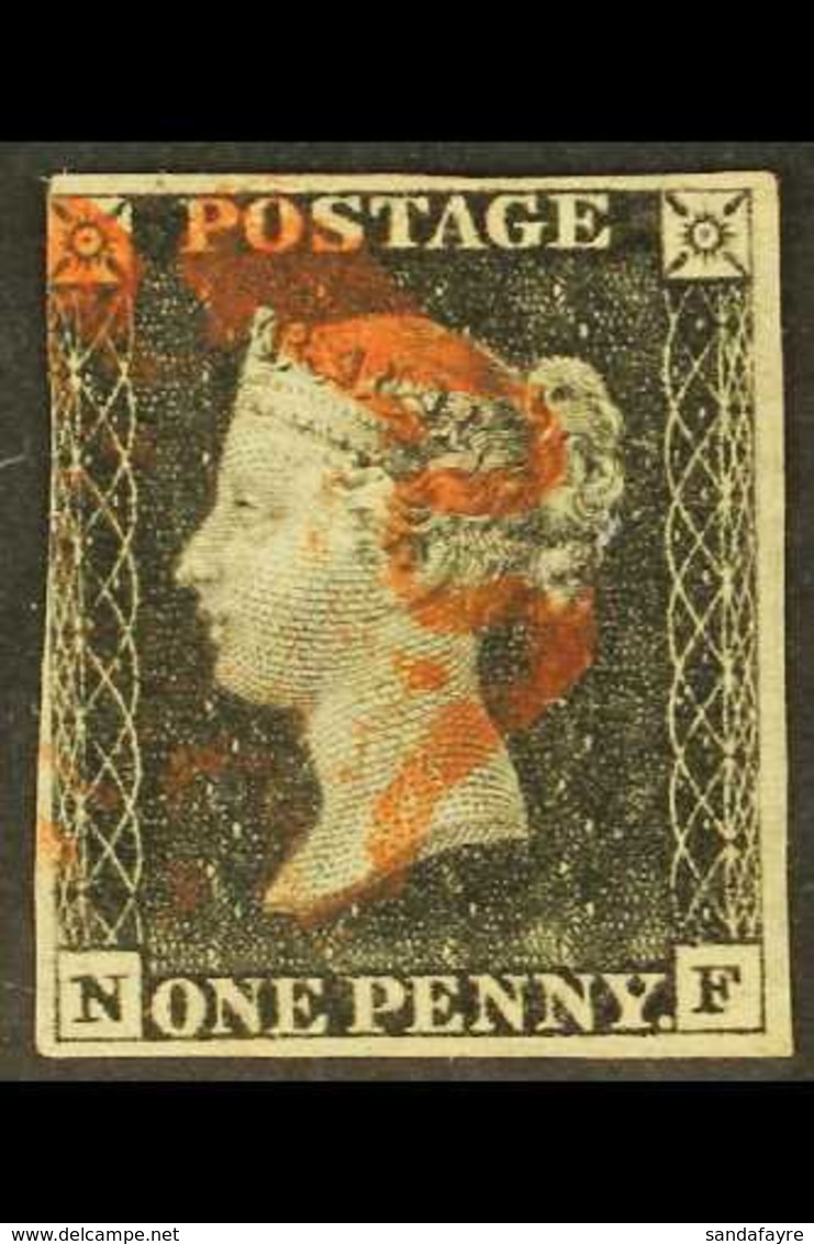 1840 1d Black, SG 2, Plate 6 , Check Letters "N - F", 3 Clear Margins Touching At Left, Good Used With Red Maltese Cross - Unclassified
