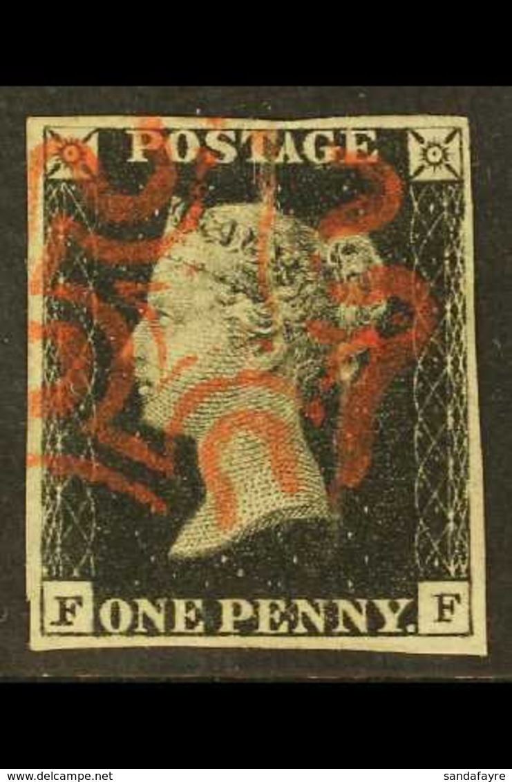 1840 1d Intense Black 'FF' Plate 5, SG 1, Used With 4 Good Margins And Red MC Cancellation, Repaired Tear At Top. Great  - Ohne Zuordnung