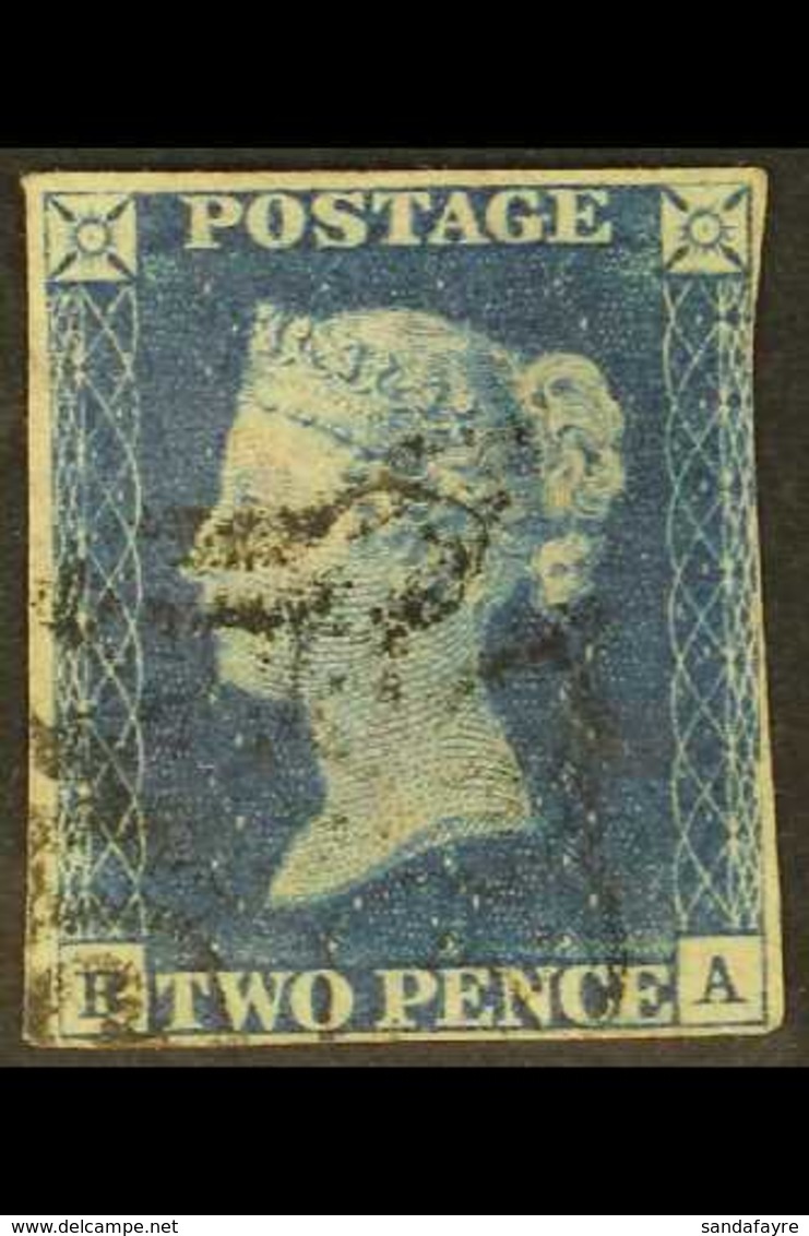 1840 2d Blue 'FA' Plate 2, SG 5, Used With Black Maltese Cross Cancel, 3+ Margins Just Touching At Right, Tiny Corner Th - Autres & Non Classés