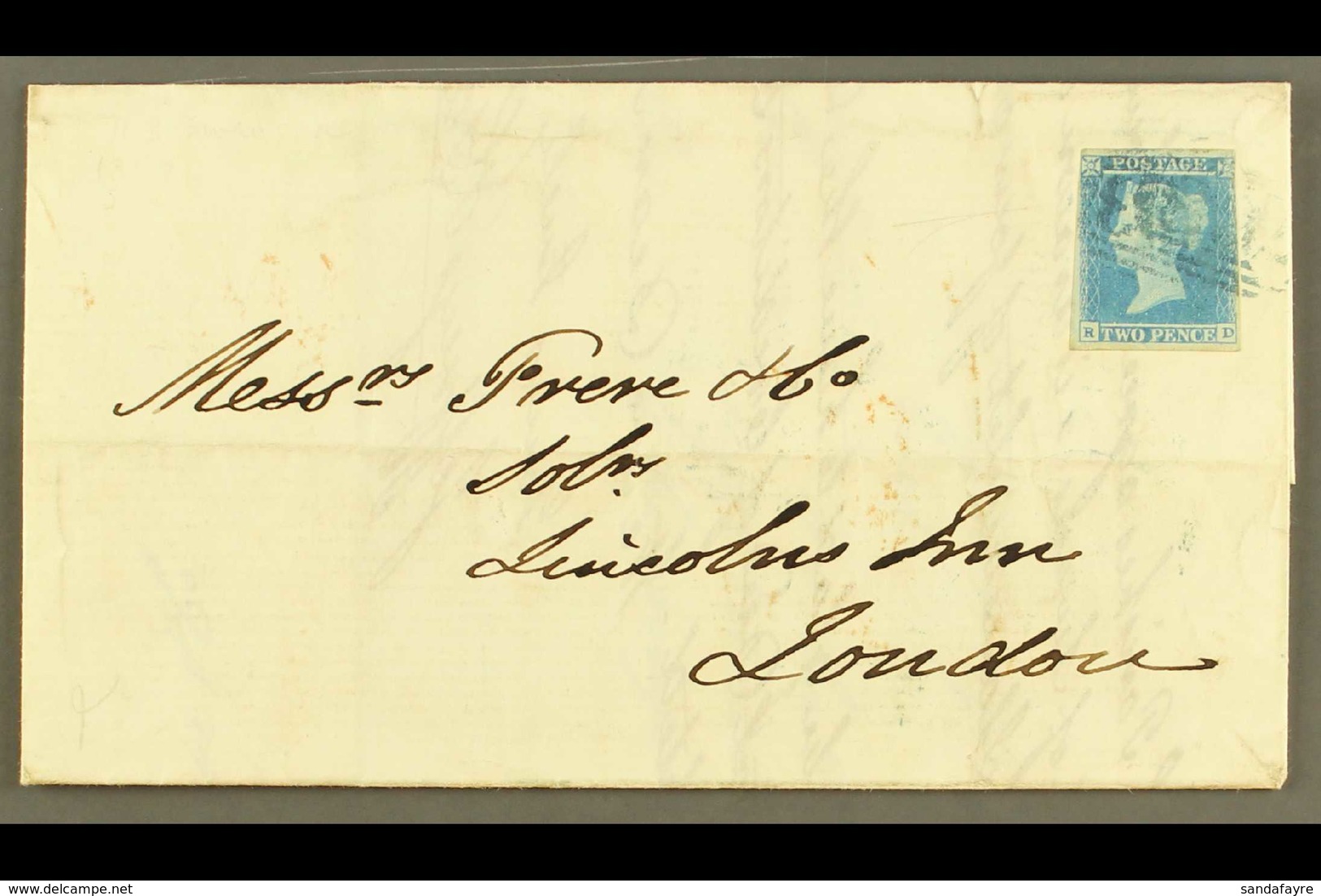1841 2d Blue Imperf, Used On 1852 Entire (7 Jan) From Swansea To London, Cancelled & Tied By BLUE Numeral Cancellation,  - Sonstige & Ohne Zuordnung
