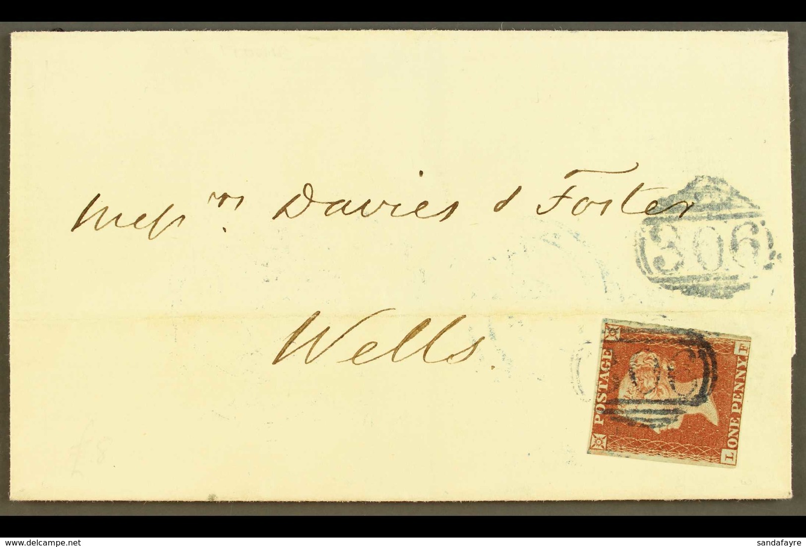 1852 (10 Jul) Entire From Frome To Wells, Franked 1d Red Imperf (3 Margins) Tied By "306" Numeral In A Distinctive BLUE- - Sonstige & Ohne Zuordnung