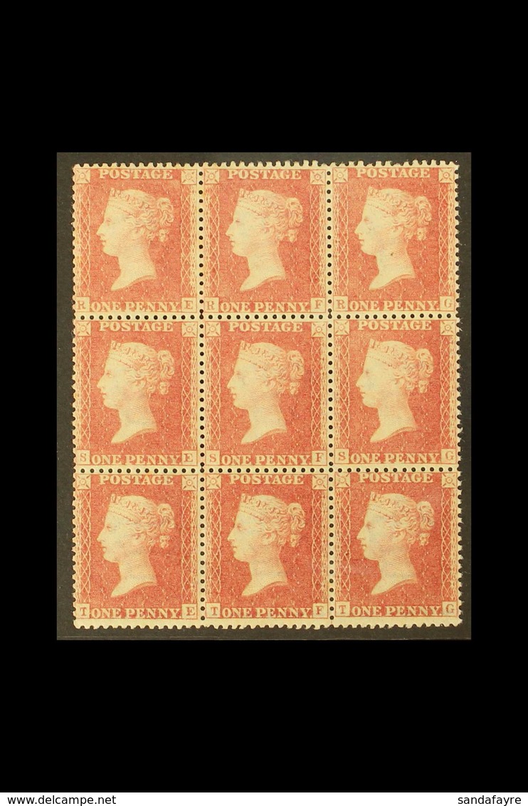 1856-58 1d Pale Rose Perf 14, Wmk Large Crown, SG 39, MINT BLOCK OF NINE 'RE - TG' , Five Examples Never Hinged, The Oth - Autres & Non Classés