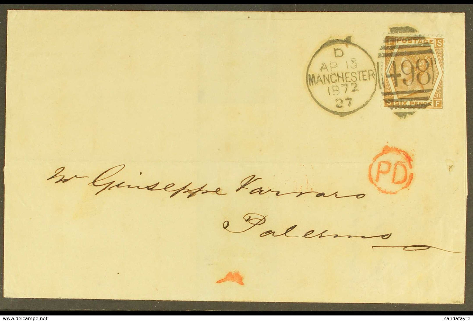 1872 (13 Apr) Cover From Manchester To Palermo, Italy, Franked 1872 6d Deep Chestnut Pl.11, SG 122, Tied By Fine & Clear - Sonstige & Ohne Zuordnung