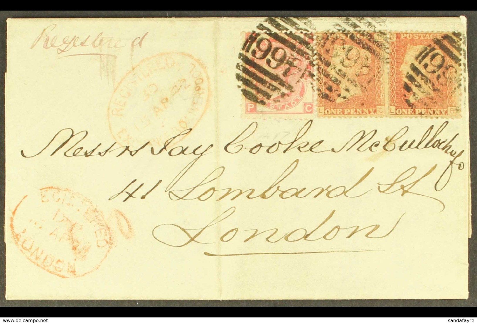 1872 (15 Apr) Registered Entire From Liverpool To London, Franked 1858 1d Pl.123 PAIR And 1867 3d Rose Pl.7, Each Tied " - Autres & Non Classés