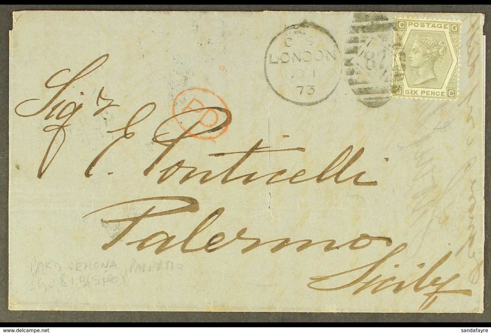 1873 (1 Nov) Entire From London To Palermo Bearing 1872 6d Grey, Plate 12 With Good Centring, DISINFECTED MAIL Cut, SG 1 - Autres & Non Classés