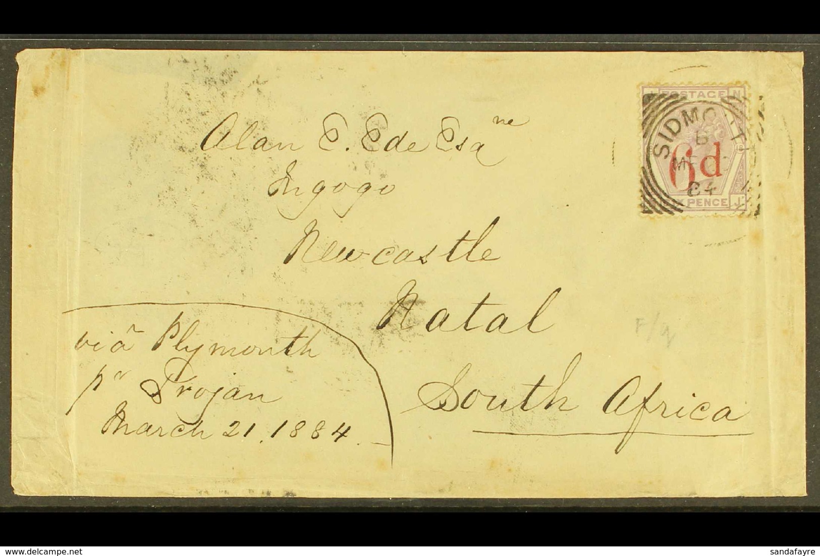 1884 (20 Mar) Env From Sidmouth To Natal, South Africa Bearing The 1883 6d On 6d "SLANTING DOTS" Variety, SG 162a, Tied  - Autres & Non Classés