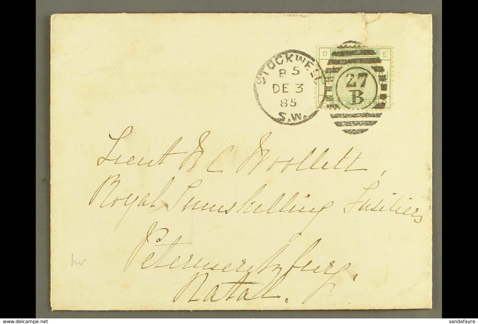 1885 (3 Dec) Env Addressed To A Lieutenant With The Royal Inniskilling Fusiliers In Natal, South Africa, Franked 1883-84 - Autres & Non Classés