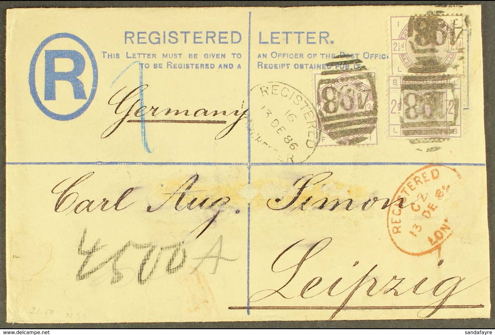 1886 (13 Dec) 2d Registered Stationery Env From Manchester To Leipzig Uprated With 1884 THREE VALUE, COMBINATION FRANKIN - Sonstige & Ohne Zuordnung