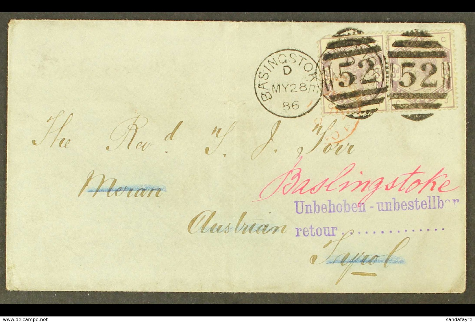 1886 (28 May) Env From Basingstoke To Austria Franked 1883-4 3d Lilac Pair, SG 191, Tied By Numeral Pmks, Austrian Recei - Autres & Non Classés